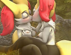 3d_(artwork) absurd_res anthro blurred_background blush bodily_fluids braixen breast_grab breasts breath chest_tuft digital_media_(artwork) duo ear_tuft female female/female forest forest_background french_kissing hand_on_breast hi_res kissing nature nature_background nintendo on_lap plant pokémon_(species) pokemon pokemon_(species) saliva sitting_on_lap sneakyphox source_filmmaker tongue tree tuft video_games yuri