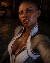 3d ai_generated black_female bratty cleavage dark-skinned_female dark_skin dragon_age dragon_age_inquisition ebony ebony_female scowl scowling scowling_at_viewer selfie solo solo_female solo_focus sweat sweating_breasts sweating_female sweaty unimpressed video_games vivienne_(dragon_age)