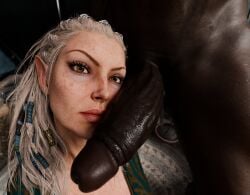 1boy 1girls 3d age_difference baldur's_gate baldur's_gate_3 brown_eyes clothed_female cock_worship dark-skinned_male derpderp gilf grey_hair half-elf interracial jaheira large_penis larian_studios light-skinned_female looking_at_viewer nude_male old old_woman penis_bigger_than_head penis_on_cheek pointy_ears silver_hair submissive_female wizards_of_the_coast