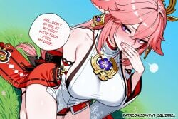 1girl ai_assisted ai_generated averting_eyes covering_own_mouth english_text fatest_squirrel full-face_blush genshin_impact large_breasts miko on_grass purple_eyes seiza yae_miko