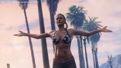 1girls 3d 3dcg absurd_res absurd_resolution absurdres arms_out bare_shoulders beachside beautiful_woman belted_shorts bikini_top black_bikini_top blonde-haired_female blurred_background body_writing body_writing_(whore) braided_hair breasts_focus brown_eyes cinematic cinematic_lighting cleavage closeup collarbone denim_shorts disinterested edited_screencap emotionless emotionless_female expressionless game_cg game_mod grand_theft_auto grand_theft_auto_v gta_prostitute head_tilt high_quality high_resolution highres huge_breasts indifferent jean_shorts long-haired_female massive_breasts mature_woman navel palm_trees polka_dot_bikini_top posing rockstar_editor rockstar_games sunset text therealgabe unbothered uncaring uncaring_female uninterested uninterested_female unnamed_character watermark