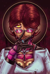 bags_under_eyes blood_splatter bra braid braided_hair cleavage clothed cybernetics cyberpunk cyborg eyelashes eyeshadow female female_focus female_only ghislain_(mr.bones22) glasses gloves hair_over_one_eye mafia mechanical mr.bones22 red_hair robot_girl robotic_arm sex_doll smile smile_at_viewer suit_and_tie tan_body tan_skin yellow_eyes