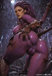 1girl absurdres ai_generated alien anime_style armor biomechanical breasts dark_background detailed_background detailed_face digital_art exoskeleton glossy_skin glowing_eyes highres huge_breasts large_breasts long_hair lui_bei oiled_skin organic_armor purple_hair purple_pussy purple_skin queen_of_blades realistic sarah_kerrigan shiny_skin solo spikes starcraft starcraft_2 sweat sweatdrop tentacle_hair uncensored viewed_from_below wet yellow_eyes zerg
