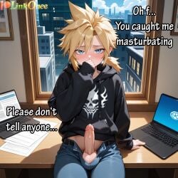 1boy ai_generated awaiting_sex ballsack black_hoodie blonde-haired_male blonde_hair blue_eyes blue_jeans blush blushing_at_viewer caught_masturbating cloud_strife cute_face english_text femboy final_fantasy final_fantasy_vii gay gay_male half-closed_eyes hard_cock hard_on hard_penis hoodie horny horny_male looking_at_viewer low_ponytail no_pubic_hair nsfw open_pants patreon patreon_logo patreon_username penis penis_out ponytail precum precum_drip short_ponytail shy sitting sitting_on_desk spiky_hair square_enix teenage_male teenager uncensored uncensored_penis young younger_male