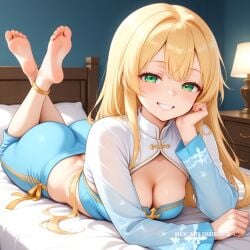 1girl ai_assisted ai_generated anklet archbishop bare_shoulders barefeet bedroom blonde_hair cleavage curvy_body detailed_feet eyes_half_closed feet_up green_eyes grin long_hair looking_at_viewer narrow_waist petite prone_position round_ass small_breasts soft_breasts the_pose tired wide_hips