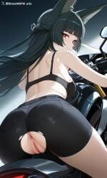 ai_generated animal_ears artist_name ass_focus black_bra black_hair black_shorts blush dripping_pussy explicit_pussy female from_behind hoshimi_miyabi large_ass large_breasts long_hair looking_back motorcycle pussy_juice red_eyes shineinsfw shiny_skin shorts_aside smile solo sweat wet_skin wolf_ears zenless_zone_zero