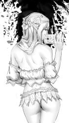 abstract_background ass ass_focus backless_dress backless_outfit druid dungeons_and_dragons elf elf_ears elf_female fantasy flirting flower_in_hair flower_on_head ginny_di lace lace_trim long_hair midriff miniskirt monochrome necklace open_back open_back_dress phone pinup seductive selfie skimpy skimpy_clothes skirt teasing warlock