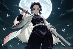 1boy ai_generated belt black_hair black_pants butterfly butterfly_hair_ornament butterfly_print cloud demon_slayer_uniform femboy from_below full_moon genderswap genderswap_(ftm) hair_ornament haori holding holding_weapon jacket japanese_clothes katana kimetsu_no_yaiba kochou_shinobu long_sleeves looking_at_viewer male moon multicolored_hair night night_sky outdoors pants parted_bangs purple_eyes purple_hair sheath short_hair sky solo tehmar trans_woman transfem trap uniform unsheathing weapon white_belt wide_sleeves