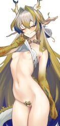1girl absurdres arknights bare_shoulders blue_eyes blue_hair blush bottomless breasts censored clothes_lift clothes_pull commentary dragon_girl dragon_horns dragon_tail earrings english_commentary gradient_eyes gradient_hair green_hair hair_between_eyes half-closed_eyes hand_up highres hip_focus horns jacket jewelry lifting_own_clothes long_hair midriff multicolored_eyes multicolored_hair navel nipples no_bra off_shoulder open_clothes open_jacket panties pointy_ears pubic_hair pulling_own_clothes pussy radioneet shirt shirt_lift shu_(arknights) slit_pupils smile solo stomach tail underboob underwear very_long_hair white_hair white_panties white_shirt