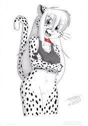 2021 anthro belly bottomless cheetah clothed clothing collar felid feline felis female genitals hair long_hair mammal navel no_underwear nude pussy solo tirashanks_(artist) toony vanilla_(tirashanks)