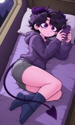 1girls ai_generated bedroom_background blue_socks demon_girl demon_horns demon_tail doomscrolling grey_pants jellybean_(mcyt) jellybean_(youtube) laying_on_bed looking_at_phone moonlight night_sky purple_eyeliner purple_eyes purple_hair purple_hoodie purple_nails purple_phone purple_skin window youtuber