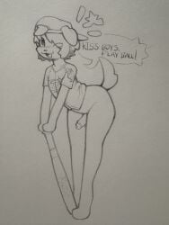 2026 anthro backwards_hat baseball_shirt baseball_uniform bat_(object) blush blush_lines bottomless bottomless_anthro bottomless_male canid canine canis clothed clothing dialogue domestic_dog english_text erection eye_through_hair femboy floppy_ears fur genitals graphite_(artwork) hair hair_over_eye hat headgear headwear hi_res humanoid_genitalia humanoid_penis leaning leaning_forward looking_at_viewer male mammal one_eye_closed open_mouth open_smile partially_clothed penis shiftyeen shirt smile solo speech_bubble sportswear standing tail text topwear traditional_media_(artwork) translucent translucent_hair uniform wink winking_at_viewer