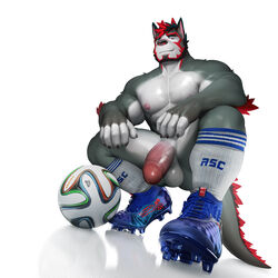 1:1 3d_(artwork) 5_fingers absurd_res anthro areola ball balls biped blue_clothing blue_footwear blue_shoes canid canine canis clothing crouching digital_media_(artwork) facial_scar fingers footwear footwear_only fur genitals glans grey_body grey_fur hair hi_res humanoid_genitalia humanoid_penis male male_only mammal mostly_nude muscular muscular_anthro muscular_male nipples o_(takahirosi) pecs penis pink_nipples red_eyes red_hair reflection scar shoes simple_background soccer_ball socks solo takahirosi white_background white_body