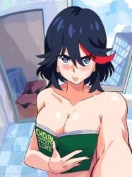 1girls angry bikini black_hair blushing boobs_in_book_(meme) book chicken_jockey cloud cloudy_sky deanialsart kill_la_kill looking_at_viewer matoi_ryuuko meme nude red_hair ryuko_matoi selfie solo_female window