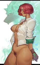 2d 2d_(artwork) bottomless bottomless_female dark-skinned_female dark_skin dark_skinned_female female female_focus female_only female_pubic_hair giovanna_(guilty_gear) guilty_gear guilty_gear_strive no_pants pubes pubic_hair unbuttoned unbuttoned_shirt