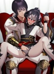 1boy 1other 364ing asahi_sas_brutus au_ra black_hair black_horns black_scales bowl_cut commission commissioner_upload dragon_horns final_fantasy final_fantasy_xiv flower gloves hair_flower hair_ornament hand_in_another's_panties high_ponytail highres horns hyur izumi_tol_amulius japanese_clothes long_hair open_mouth other_with_male panties ponytail red_eyes scales short_hair skeb_commission smile underwear