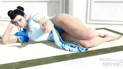 1girl 1girls 3d 3d_(artwork) 3d_model 3d_render black_hair brown_eyes chun-li dress female female_focus female_only hair_bun hair_ribbon hands_behind_head laying_down legs legs_together milf muscular muscular_female peace_sign savvs0 sexy sfw sfw_version street_fighter street_fighter_6 thick_thighs thighs thighs_bigger_than_head train underwear underwear_aside workout
