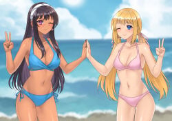 2girls bikini black_fingernails black_hair blonde_hair blue_bikini blue_eyes blue_swimsuit cleavage commission commissioner_upload cowboy_shot dark-skinned_female dark_skin earrings hair_ribbon hairband hand_on_another's_hand hand_up heart heart_earrings hunie_(series) huniepop jewelry kyanna_delrio light_blush long_hair long_sidelocks looking_at_viewer medium_breasts multiple_girls nail_polish navel no_nose one_eye_closed painted_nails peace_sign pink_bikini pink_ribbon pink_swimsuit purple_eyes ribbon side-tie side-tie_bikini side-tie_bikini_bottom side-tie_swimsuit sidelocks smile smiling smiling_at_viewer standing stomach swept_bangs swimsuit tiffany_maye twintails v vgen_commission white_hairband wink winking winking_at_viewer