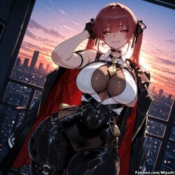 1girl ai_assisted ai_generated bangs belt black_gloves black_legwear blush breasts cape city city_lights cityscape cleavage curvaceous curvy curvy_female curvy_figure eyebrows_visible_through_hair female gloves hair_ribbon hat_removed headwear_removed heterochromia hololive houshou_marine jacket jacket_on_shoulders large_breasts long_hair looking_at_viewer miyuai railing red_eyes red_hair ribbon skindentation sky smile solo sunset thick thick_ass thick_butt thick_hips thick_legs thick_thighs thigh_strap thighhighs twintails virtual_youtuber voluptuous voluptuous_female wide_hips wide_thighs yellow_eyes