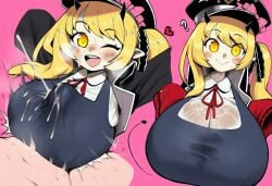 ai_generated alternate_breast_size blonde_hair blue_archive blush cum cum_in_breasts cum_under_clothes hat horns huge_breasts ibuki_(blue_archive) motion_lines oblivious paizuri paizuri_under_clothes question_mark sugartwist sweat sweaty_clothes tagme wet_clothes yellow_eyes