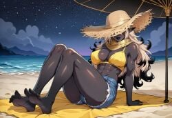 1girls abs ai_generated beach bikini black_hair black_lips blonde_hair breasts clothed clothes clothing daisy_dukes dark_skin denim_shorts drow elf elf_girl female full_lips hat horror horror_(theme) large_breasts long_hair monster_girl muscles muscular muscular_female ocean original original_character paigen platinum_blonde_hair pointy_ears scarf shorts sia_(paigen) sunhat swimsuit toned_body toned_female towel two-tone_hair umbrella valkyrie water