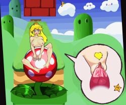 animated artist_name blonde_hair blue_sky blush breasts commentary completely_nude crown cunnilingus earrings english_commentary female heart highres jewelry large_breasts leaf long_hair mario_(series) mini_crown nipples nude oral outdoors piranha_plant plant princess_peach pussy saliva sky tongue