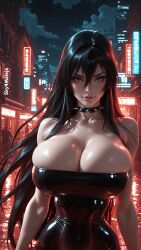 ai_generated akame_(akame_ga_kill!) akame_ga_kill! bare_shoulders bimbo_body black_hair city city_background cityscape cleavage collarbone dress huge_breasts large_breasts lighting long_hair narrow_waist night patreon red_eyes seductive seductive_body sexy sexy_body sky4maleja tight_clothing tube_dress