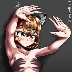 1girls armpits arms_up black_ears black_nail_polish black_nails blush blushing brown_eyes brown_hair completely_naked completely_naked_female completely_nude completely_nude_female exposed_breasts exposed_nipples female female_only fluffy_ears grey_background hands_casting_shadow hands_on_breasts joey_wolf light_skin luna_(joey_wolf) meme naked naked_female nipples nipples_outside nipples_visible nude nude_female shadow shadow_bra shadow_hands_challenge short_hair small_breasts tiger tiger_ears tiger_girl trend watercolor watercolor_(artwork)