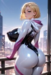 (titancore) ai_generated ass_focus big_ass blonde_hair bodysuit curvy_figure female girl gwen_stacy hair_ornament hero huge_breasts marvel naughty_girl nipples puffy_nipples revealing_clothes seductive_look seductive_smile sexy_body skinsuit spider-man_(series) spider_gwen superhero thick_thighs thigh_clothing