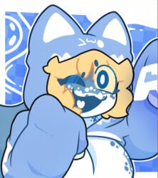 :3d blahaj blonde_female blonde_hair boobs boobs_out cat_hoodie cheering no_bra no_shirt one_eye_closed one_eye_open onesie oni_chuu shark_humanoid shark_tail