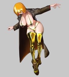 1girl absurdres badge bikini black_jacket blonde_hair blush breasts brown_shoes don_quixote_(limbus_company) gold_bikini gold_thighhighs golden_week highres huge_breasts jacket large_breasts limbus_company open_mouth project_moon shoes short_hair side-tie_bikini_bottom smile solo swimsuit thick_thighs thighhighs thighs white_background yellow_eyes