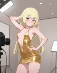 ai_generated beautiful_girl blonde_female flat_chest green_eyes heavenly_body lillie_(pokemon) petite_female pretty_girl seductive_smile sexy sexy_pose short_dress skinny_female slim_female slim_waist slutty_dress slutty_female tempting_viewer
