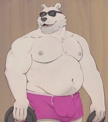 1boy animal_ears bara bear_boy bear_ears belly biceps bulge claws covered_testicles dartz_(zcdartz) english_commentary fangs fat furry furry_male highres ice_climber looking_to_the_side male_focus male_underwear muscular muscular_male navel nipples open_mouth pectorals pink_male_underwear plump polar_bear_(ice_climber) smile sunglasses topless_male underwear weight white_fur