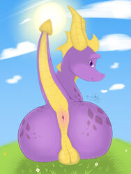 1boy 3:4 absurd_res activision anus ass balls blush dragon from_behind_position genitals girly grass hi_res light looking_at_viewer looking_back male male_only non-mammal_balls pink_anus plant powerinfinity presenting presenting_anus presenting_balls presenting_hindquarters purple_body raised_tail sky solo spyro spyro_reignited_trilogy spyro_the_dragon sunlight sunny_day video_games