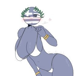 1girls almost_naked big_breasts blue_body blue_eyes blush blushing breasts countryhumans countryhumans_girl female female_focus female_only greece_(countryhumans) hips one_eye_closed thighs white_bra white_panties wreath xx.canada.xx