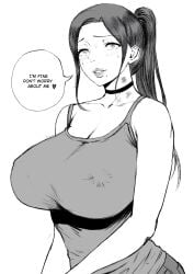 1girls choker hickey large_breasts looking_at_viewer monochrome motherly_cuckold netorare nipple_bulge original original_character ponytail solo tank_top text text_bubble