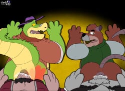 2026 4_fingers alligator alligatorid alternate_version_at_source anal anal_penetration anthro bottomless brok_(brok_the_investigator) brok_the_investigator brown_body brown_fur buckteeth butt butt_grab clothed clothing cowcat_games cricetid crocodile crocodilian dart_(brok_the_investigator) dated digital_drawing_(artwork) digital_media_(artwork) facial_hair fingers fur genitals green_body grey_body grey_fur group hand_on_butt hat headgear headwear hi_res jacket kins_(brok_the_investigator) long_tail looking_back looking_pleasured male male/male mammal mature_male multicolored_body multicolored_fur murid murine muskrat mustache open_mouth parallel_sex penetration penis pink_body pink_fur pubes rat rear_view reptile rodent scalie sex signature simple_background spotttheyeen tail teeth tongue topwear tramp_(brok_the_investigator) two_tone_body two_tone_fur yellow_body yellow_sclera