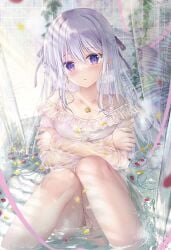 1girl bathtub breasts clothed_bath crossed_arms dress hair_ribbon highres hiiragi_asuka_(twinbox) jewelry light_smile long_sleeves looking_at_viewer necklace original partially_submerged piercing purple_eyes ribbon see-through_clothes sitting solo sousouman twinbox_school water wet white_hair