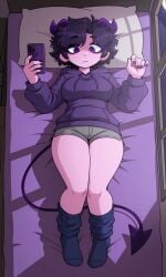 1girls ai_generated bedroom_background blue_socks demon_girl demon_horns demon_tail grey_pants half-closed_eyes jellybean_(mcyt) jellybean_(youtube) laying_on_bed looking_down moonlight night_sky purple_eyeliner purple_eyes purple_hair purple_hoodie purple_nails purple_phone purple_skin window youtuber