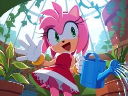 ai_generated amy_rose bare_legs bracelet dress eyelashes female gloves gold_bracelet green_eyes groin hairband highres jewelry legs medium_hair on_model panties pantyshot petite pink_fur pink_hair plant pot potted_plant red_dress sega smile sonic_the_hedgehog_(series) tail teenage teenage_girl teenager underwear water white_gloves white_panties