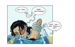 2026 2boys black_hair blush blush_lines blushing clothed clothing cock d.a._sinclair dick english english_text erect_penis erection fifthnail gay gloves hair handjob heart-shaped_pupils invincible invincible_(comics) invincible_(tv_series) lab_coat light-skinned_male light_skin looking_up male male/male male_only open_eyes open_mouth penis pubes pubic_hair simple_background superhero sweat sweatdrop sweating teeth teeth_showing teeth_visible text text_bubble the_immortal white_background white_coat