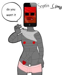 1boy 1boys adamation_inc. adamationz animationepic big_penis black_glasses boxers boxers_(clothing) grey_shirt huge_cock huge_penis inanimate_insanity inanimate_insanity_(season_2) mephone4s_(ii) object_head object_show object_shows pink_boxers red_nipples red_tip robot robot_boy robot_humanoid solo solo_male speech_bubble t-shirt t-shirt_lift text underwear_around_legs zsona_creepy(artist)