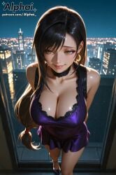 1girl 2025 2026 absurd_res absurdres ai ai-created ai_art ai_assisted ai_generated alphai arms_behind_back black_hair blushing cinematic_lighting city cleavage colorful_background crescent_earrings depth_of_field detailed_background detailed_hair detailed_skin dramatic_shadows earrings female_focus final_fantasy final_fantasy_vii high_quality high_resolution highres jewelry lace_choker large_breasts lips long_hair looking_at_viewer low_tied_long_hair naughty_face night_sky particles patreon patreon_link patreon_url patreon_username purple_dress purple_high_heels raised_eyebrows red_eyes semirealistic short_dress skindentation sleeveless smile solo tifa_lockhart tifa_lockhart_(refined_dress) volumetric_lighting