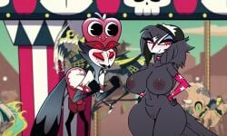 1girl 2girls animal_nose anthro ass avian bare_shoulders beak bird bird_girl bird_tail black_footwear black_fur black_hair black_headwear black_wings blue_eyeshadow blue_sky blurry_background body_fur boots breasts choker cleft_of_venus clenched_hands closed_mouth clothing collarbone colored_sclera colored_skin commission completely_nude cowboy_shot day elbow_gloves emoji eyeliner eyeshadow feathered_wings female food fruit furry furry_female gloves grey_skin half-closed_eyes hands_on_own_hips hands_up hanging_breasts happy hat helluva_boss huge_breasts large_areolae large_breasts leaning_forward long_hair looking_at_another looking_at_viewer looking_to_the_side makeup male multicolored_fur multicolored_wings multiple_boys multiple_girls multiple_others navel nipples nude octavia_(helluva_boss) open_mouth outdoors pink_choker pink_eyes pink_eyeshadow pink_gloves purple_eyeshadow pussy red_bow red_choker red_eyes red_eyeshadow red_gloves red_sclera red_thighhighs short_hair shorts skull_and_crossbones sky smile standing steca stomach tail thelazyart thick_thighs thigh_boots thighhighs thighs two-tone_fur vagina white_fur wide_hips winged_arms wings yellow_sclera