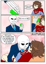 1boy 1boy1girl 1girls aniitaruiz breaking brown_hair color comic comic_page crossover crystal dc dc_comics dubious_consent female frisk frisk_(undertale) heroine_in_trouble hi_res high_resolution highres imminent_sex kryptonite light-skinned_female light_skin male male/female medium_hair questionable_consent sans sans_(undertale) skeleton spanish_text supergirl_(cosplay) superhero superhero_costume superheroine superheroine_in_trouble suprised suprised_look tagme text text_bubble undertale undertale_(series) weak weak_resistance