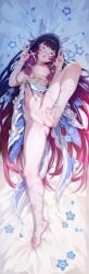 absurdly_long_hair anus bar_censor barefoot bed_sheet blue_flower blush breasts censored closed_eyes columbina_(genshin_impact) commentary_request dakimakura_(medium) double_v dress eye_mask feet female flower genshin_impact hair_flowing_over head_wings highres large_breasts long_hair lying mask miazi multicolored_hair navel nipples nude on_back open_mouth purple_hair soles solo spread_legs stomach thigh_strap toes two-tone_hair v very_long_hair white_dress white_mask white_wings wings x-shaped_eyewear