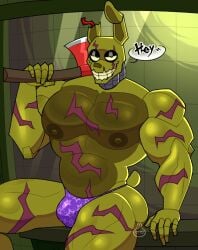 1boy animatronic anthro axe bulge five_nights_at_freddy's five_nights_at_freddy's_3 fnaf gay looking_at_viewer male male_only muscular muscular_male nipples pecs presenting rabbit robot scottgames sitting solo solo_focus springtrap_(fnaf) teasing therabit