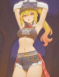 1futa 2025 ai_generated armpits arms_up artist_name blonde_hair futanari hi_res high_quality high_resolution highres long_hair luciana_de_montefio navel novalust open_mouth patreon patreon_username solo stable_diffusion visor_cap watermark zenless_zone_zero