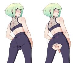 1boy androgynous ass ass_focus blush bob_cut bro_aniki femboy femboy_only lio_fotia looking_at_viewer midriff multiple_views petite petite_body petite_male promare short_hair slim slim_male slim_waist solo tight_clothing tight_pants torn_clothing twink