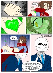 1boy 1boy1girl 1girls aniitaruiz breaking brown_hair color comic comic_page crossover crystal dc dc_comics female frisk frisk_(undertale) heroine_in_trouble hi_res high_resolution highres kryptonite light-skinned_female light_skin male male/female medium_hair sans sans_(undertale) shock shocked shocked_expression shocked_eyes shocked_face skeleton spanish_text supergirl_(cosplay) superhero superhero_costume superheroine superheroine_in_trouble suprised suprised_look tagme text text_bubble undertale undertale_(series) weak weak_resistance